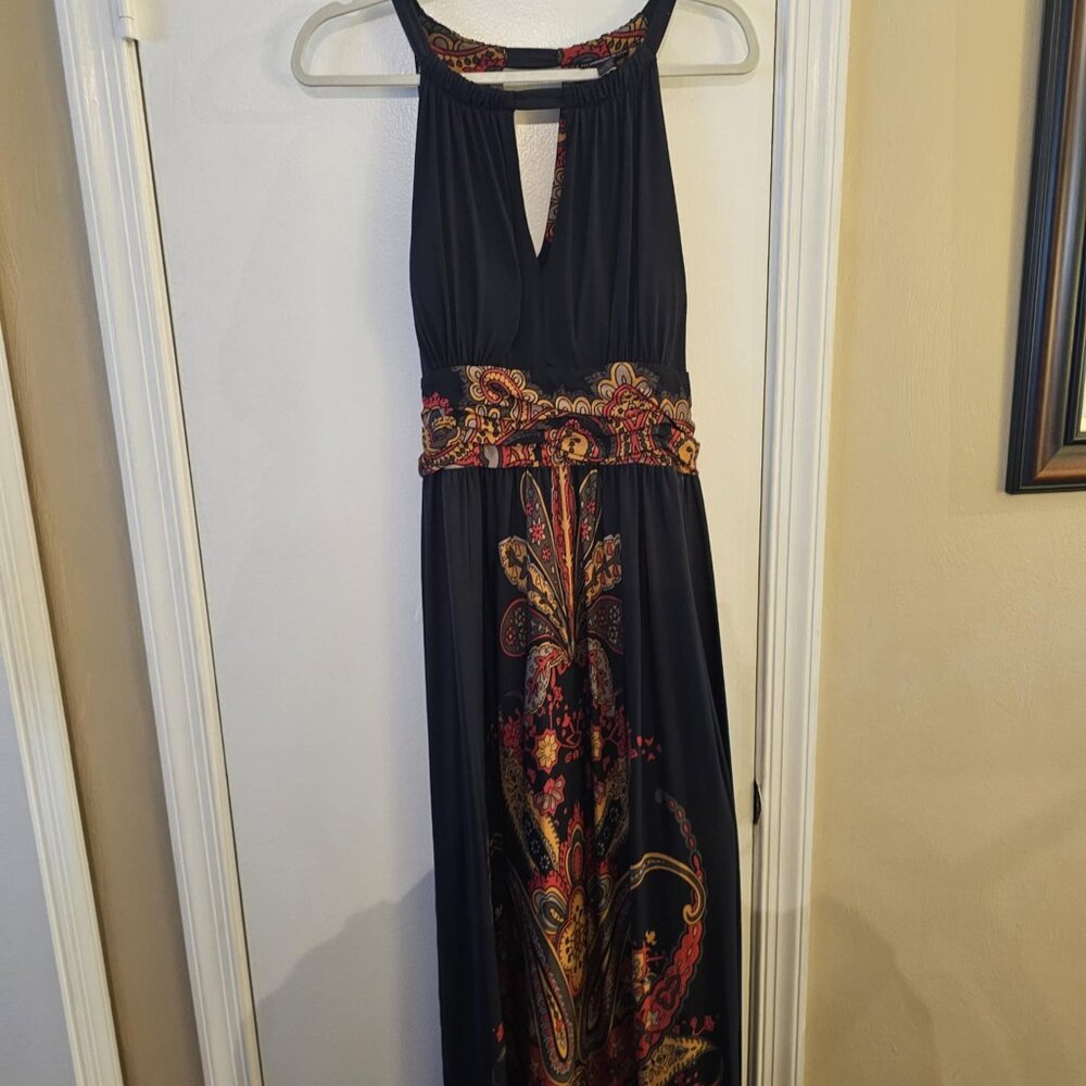 XL Sz Blooming Rose BlackRed & Cream Abstract Print Sleeveless Dress -Pre-Loved